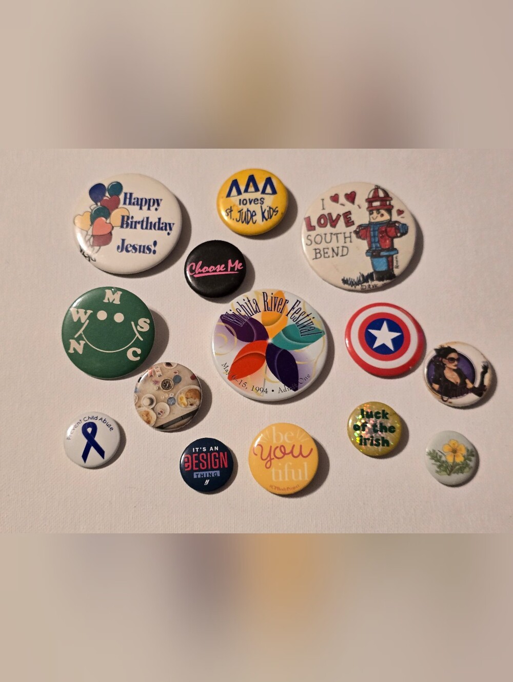 Mixed Lot of 14 Pin Back Buttons Random Marvel Religious Events Advertising